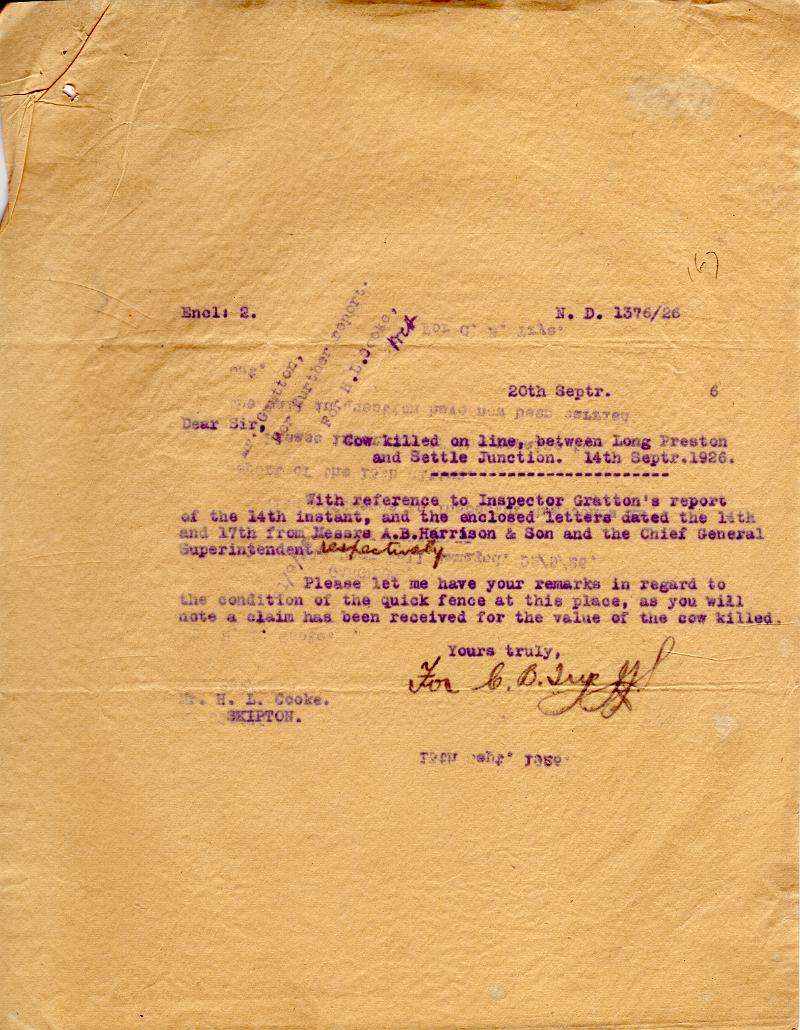 Cow Killed 5.jpg - Letter dated 20th Sept 1926 regarding cow killed on line Sept 14th